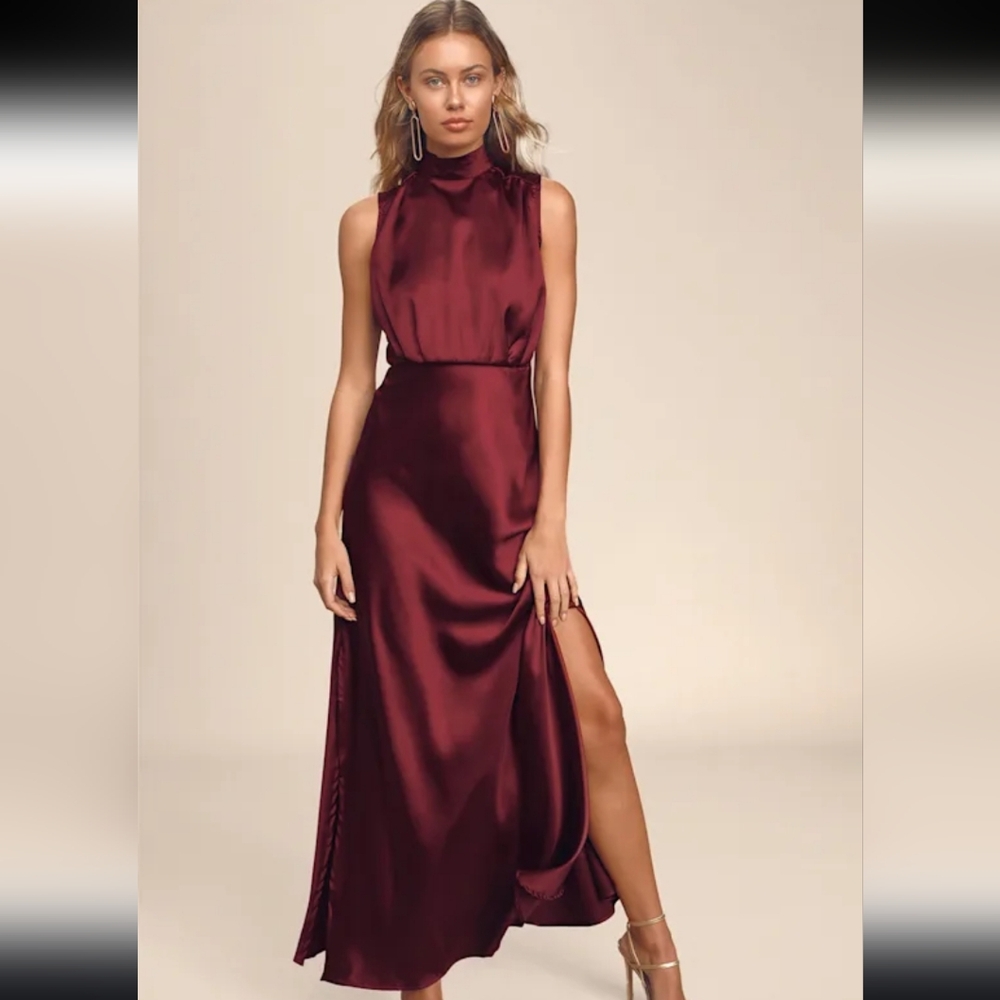 Lulu's Burgundy Satin Maxi Dress
